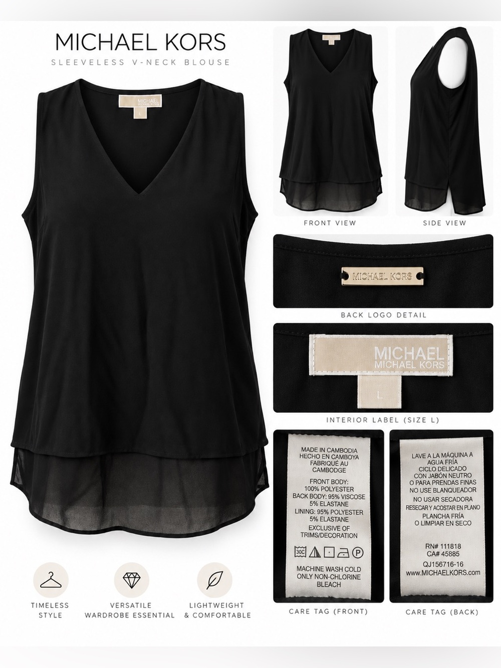 Michael Kors Black Layered V-Neck Sleeveless Blouse Size L